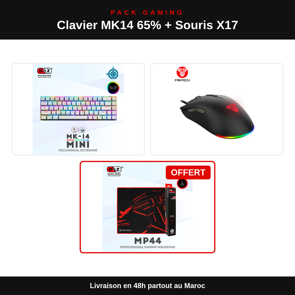Pack Clavier Mécanique 65% MK14 Blanc + Souris X17 + Tapis : contenu du pack