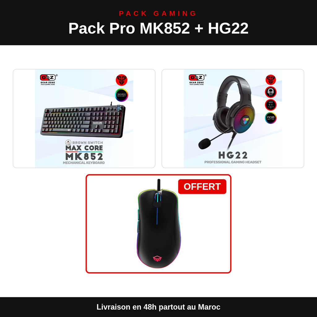 Pack Pro Clavier Mécanique MK852 + Casque HG22 7.1 + Souris GM19 : contenu du pack