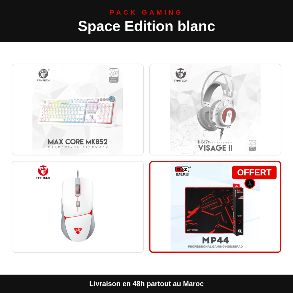 Pack Space Edition Blanc : Clavier MK852 + Casque HG17s + Souris VX7 + Tapis : contenu du pack