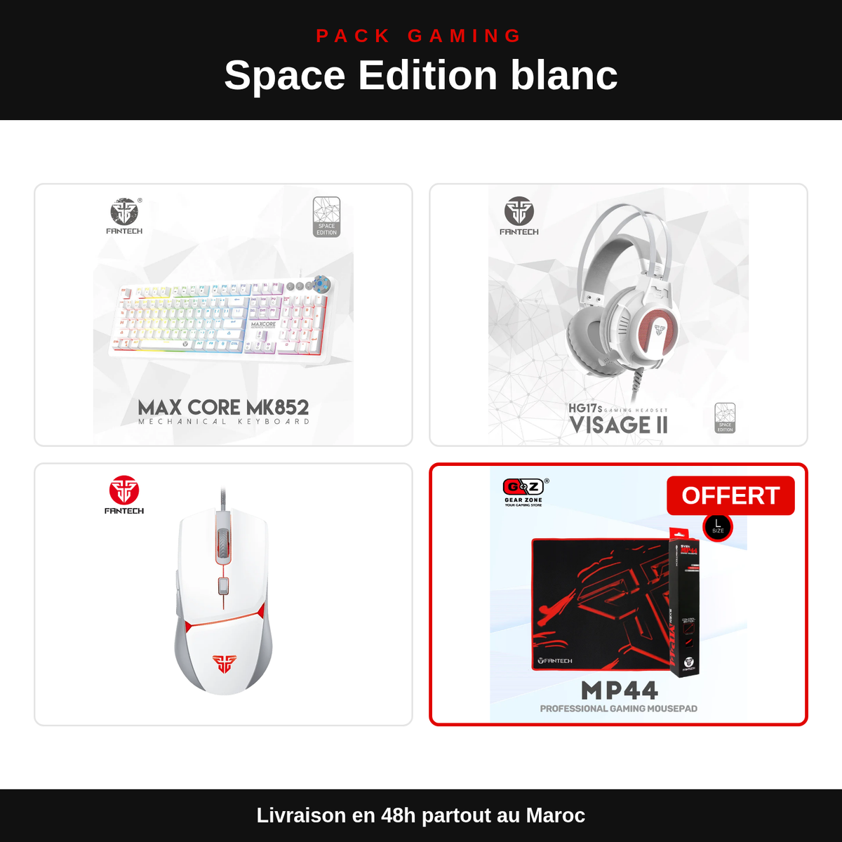 Pack Space Edition Blanc : Clavier MK852 + Casque HG17s + Souris VX7 + Tapis : contenu du pack