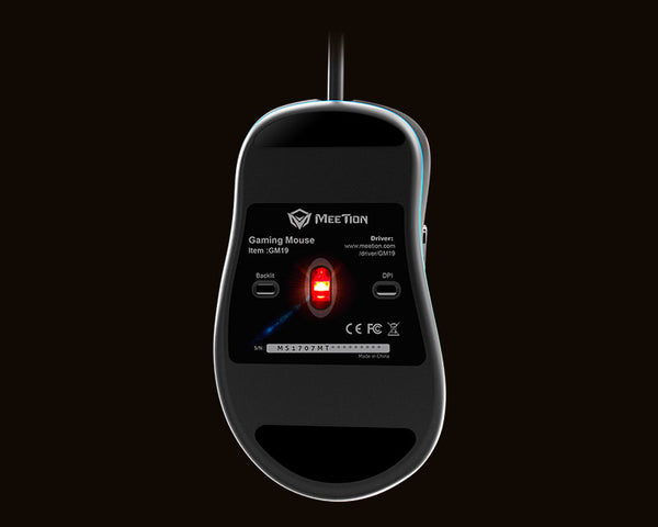 Dessous de la souris MeeTion GM19 avec capteur optique et patins