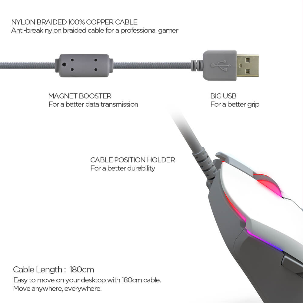 Câble tressé 1,8 m avec ferrite et grande prise USB, Fantech X17 Blake