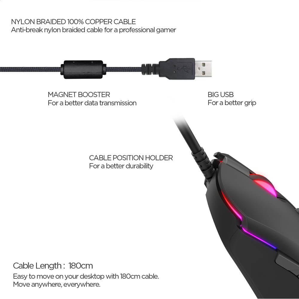 Câble tressé 180 cm, ferrite et prise USB de la Fantech X17 Blake