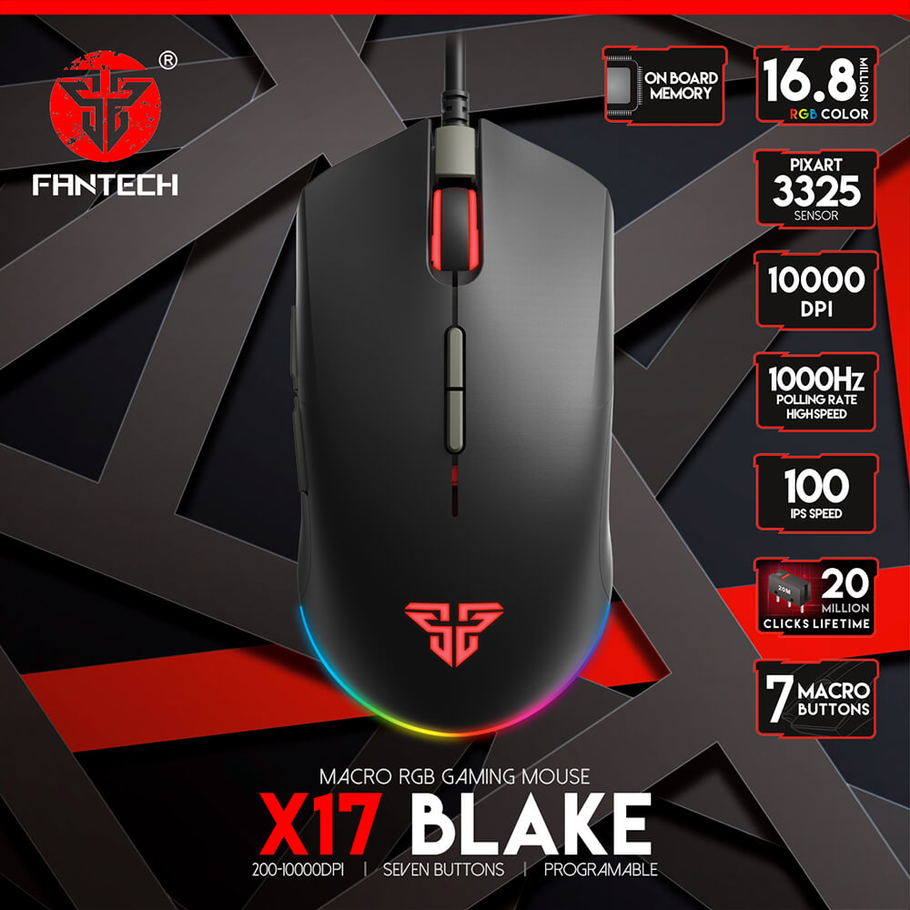 Fantech X17 Blake : PixArt 3325, 10 000 DPI, 1000 Hz, 7 boutons macro, mémoire