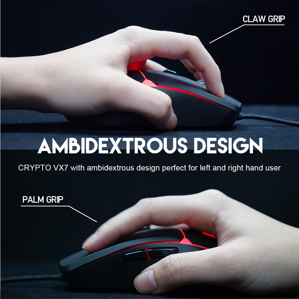 Design ambidextre de la Fantech Crypto VX7 en prise claw et palm