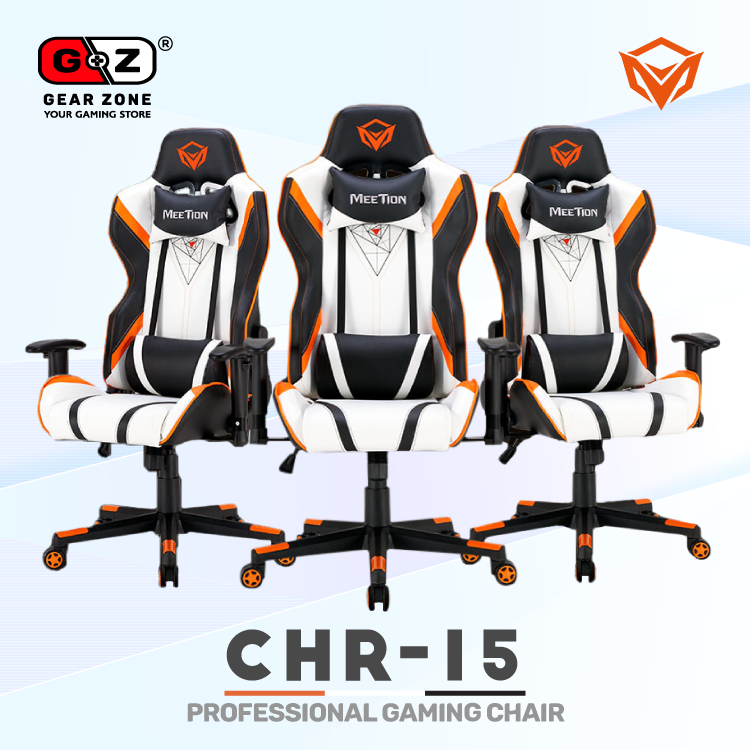 Trois chaises gamer MeeTion CHR15 blanche, noire et orange vues de face et de biais Image principale du produit