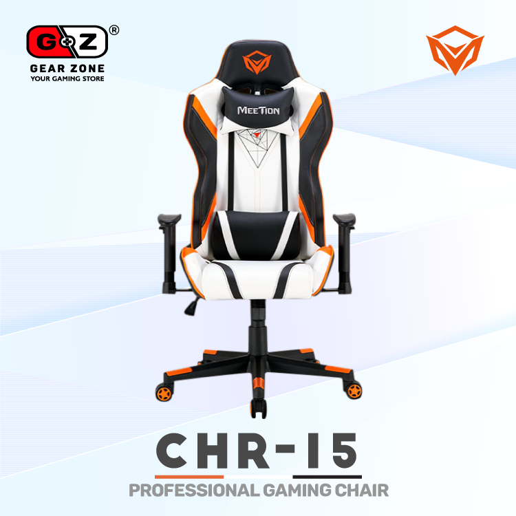 Chaise gamer MeeTion CHR15 blanche vue de face avec coussins nuque et lombaire