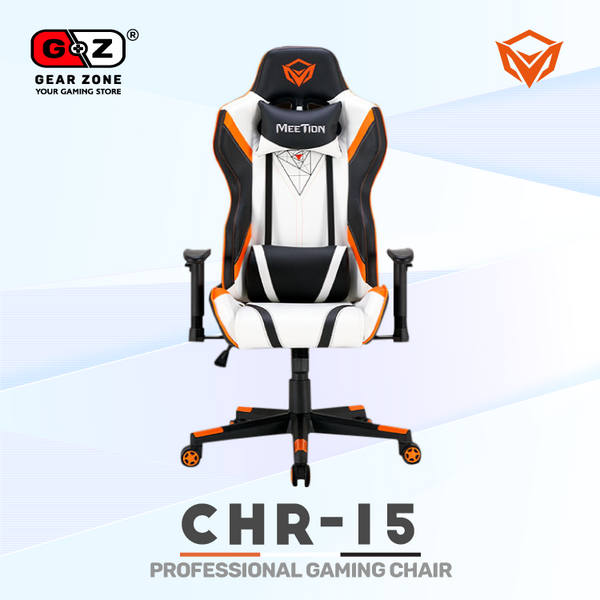 Chaise gamer MeeTion CHR15 blanche vue de face avec coussins nuque et lombaire
