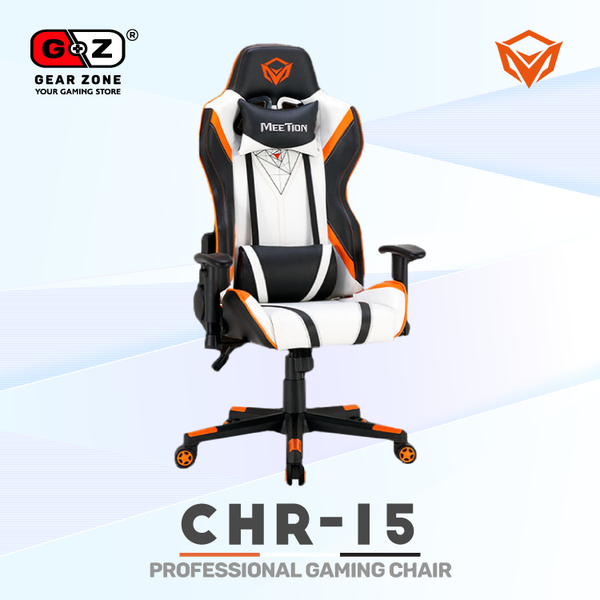 Chaise gamer MeeTion CHR15 blanche de trois quarts, accoudoirs réglables