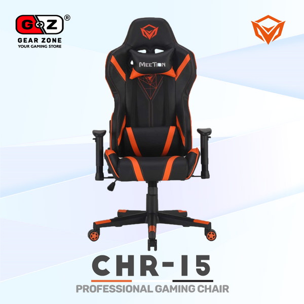 Chaise gamer MeeTion CHR15 noire vue de face avec coussins nuque et lombaire