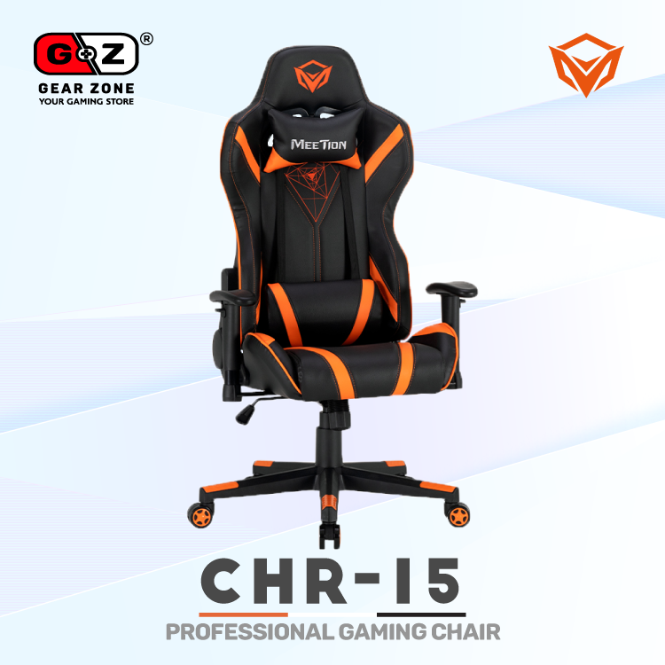 Chaise gamer MeeTion CHR15 noire de trois quarts, accoudoirs réglables