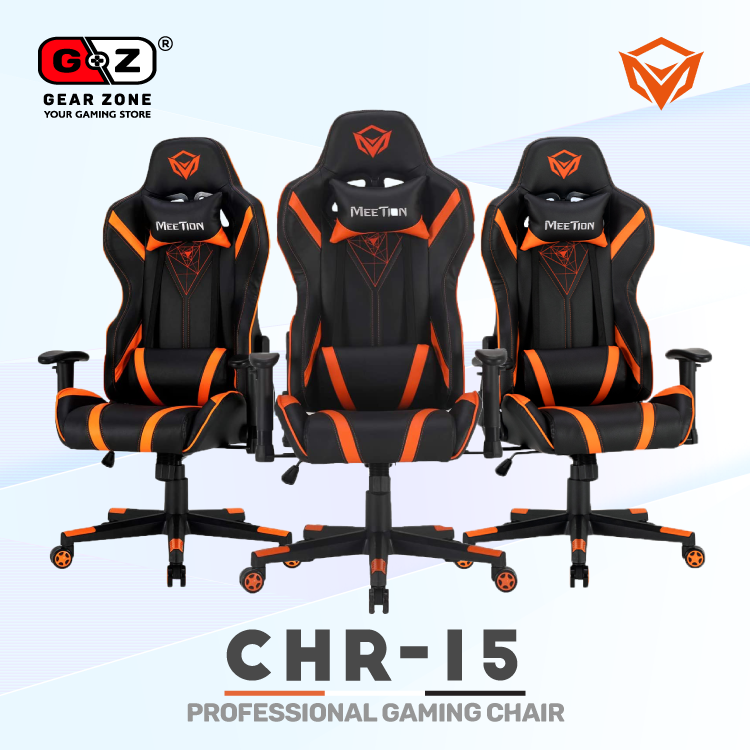 Trois chaises gamer MeeTion CHR15 noire et orange vues de face et de biais