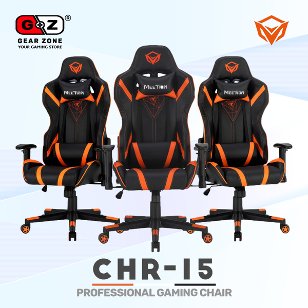 Trois chaises gamer MeeTion CHR15 noire et orange vues de face et de biais