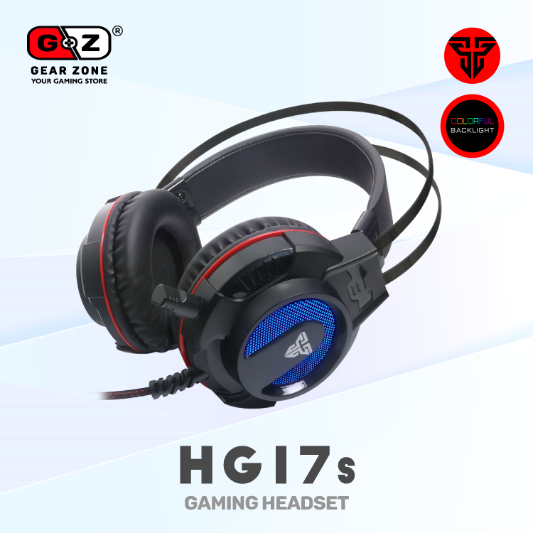 Casque Fantech HG17s de trois quarts, écouteur éclairé en bleu