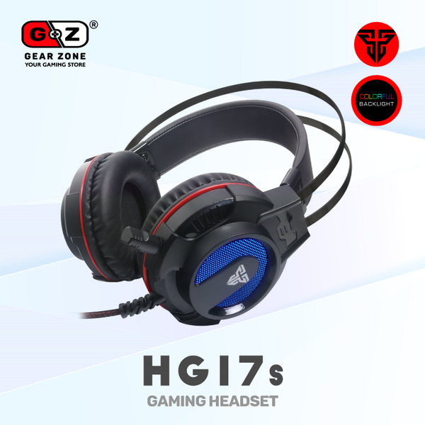 Casque Fantech HG17s de trois quarts, écouteur éclairé en bleu