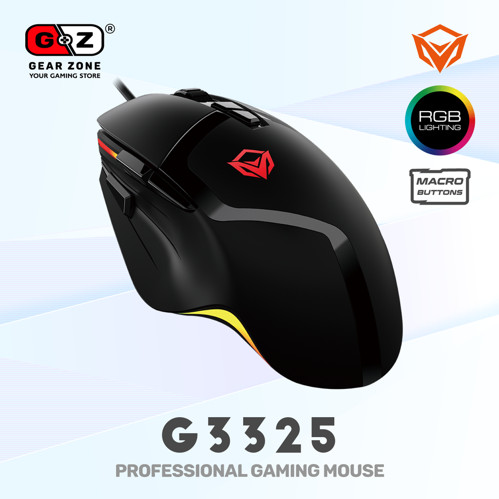 Souris gamer MeeTion G3325 vue de trois quarts avant, boutons latéraux