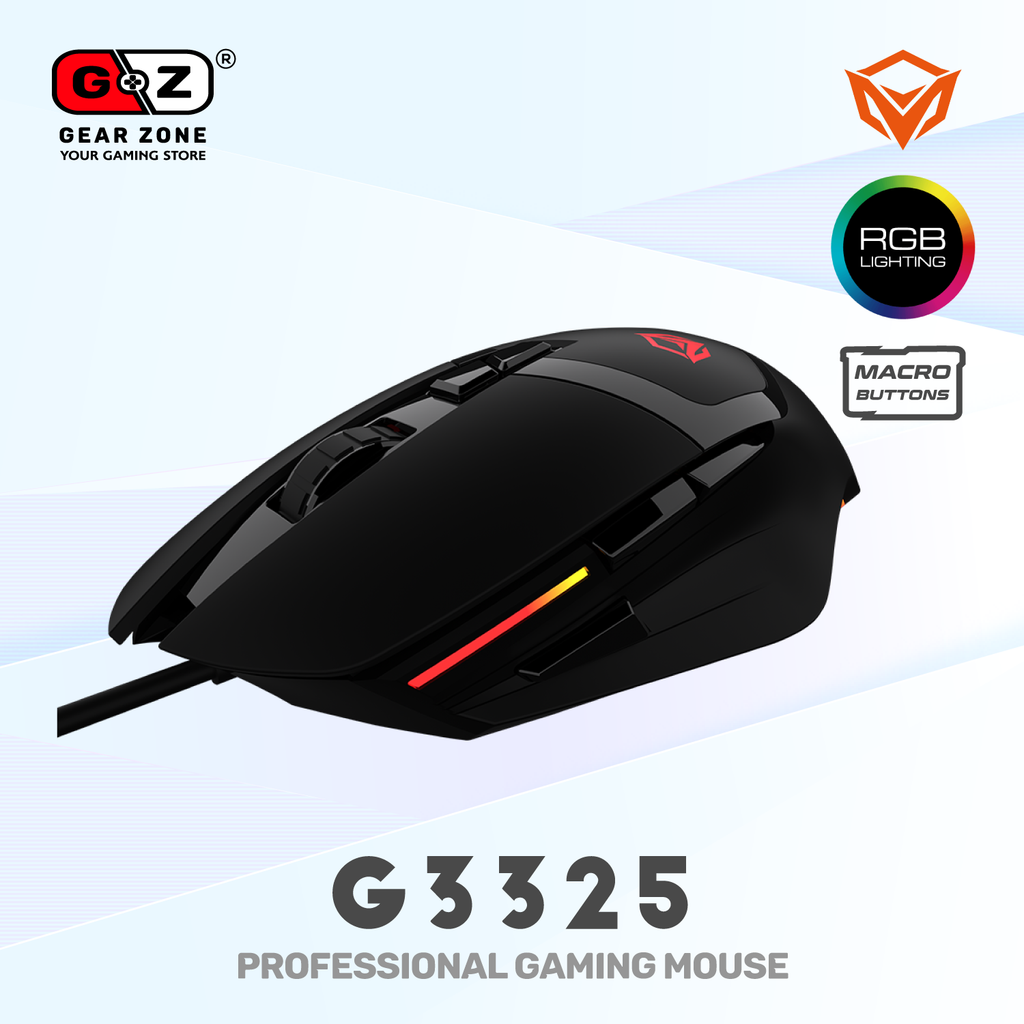 Souris MeeTion G3325 de trois quarts gauche, bande LED rouge sur le flanc