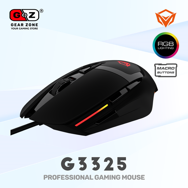Souris MeeTion G3325 de trois quarts gauche, bande LED rouge sur le flanc