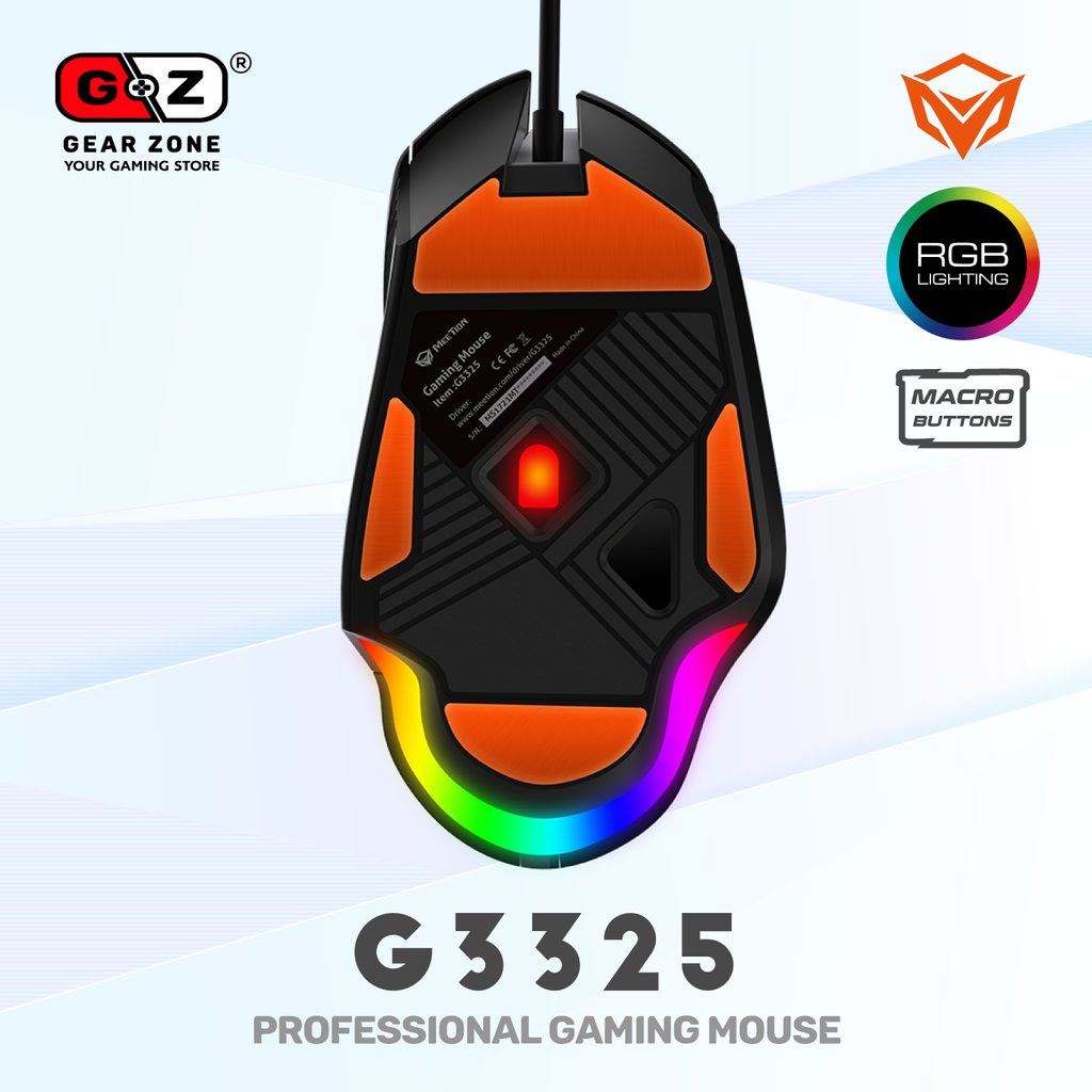 Dessous de la souris MeeTion G3325 : capteur optique et patins, contour RGB