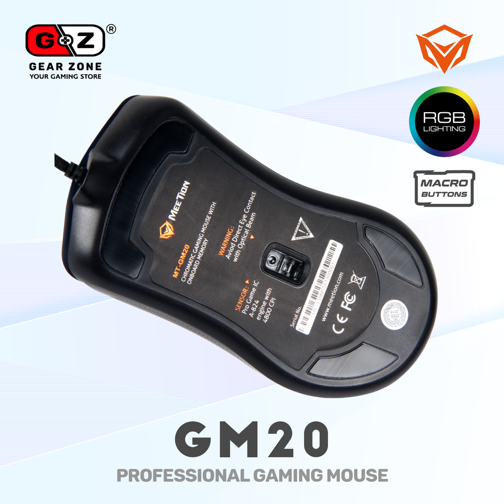 Dessous de la souris MeeTion GM20 avec capteur optique et patins