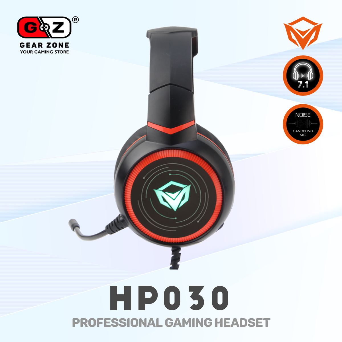 Casque MeeTion HP030 de profil, logo lumineux sur l'écouteur