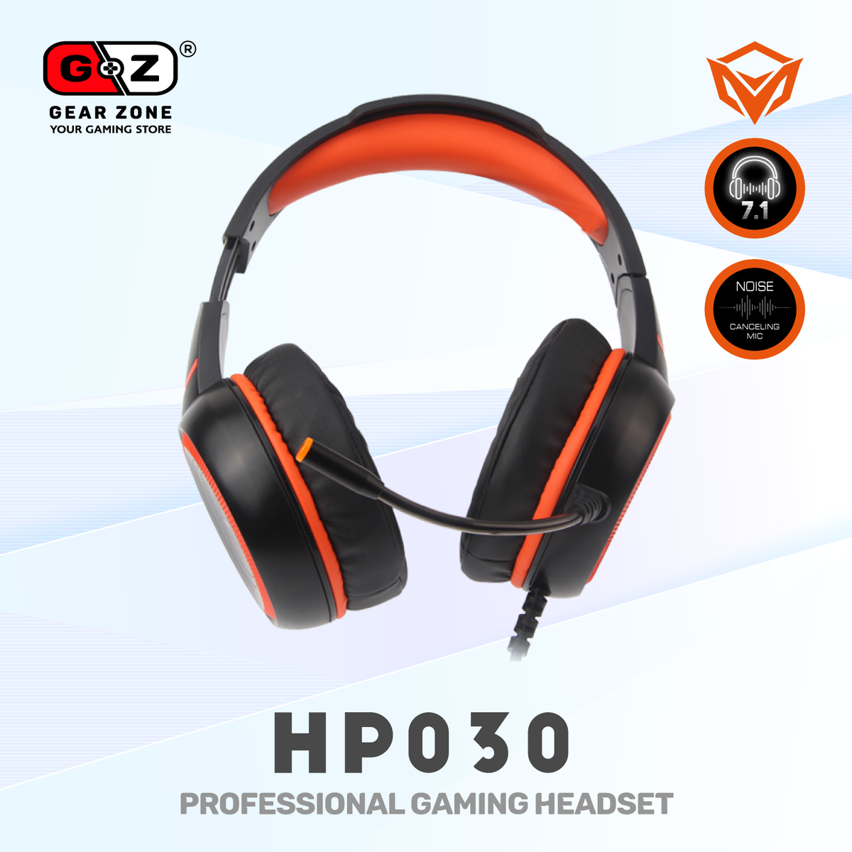 Casque gamer MeeTion HP030 vu de face, coussinets et arceau orange
