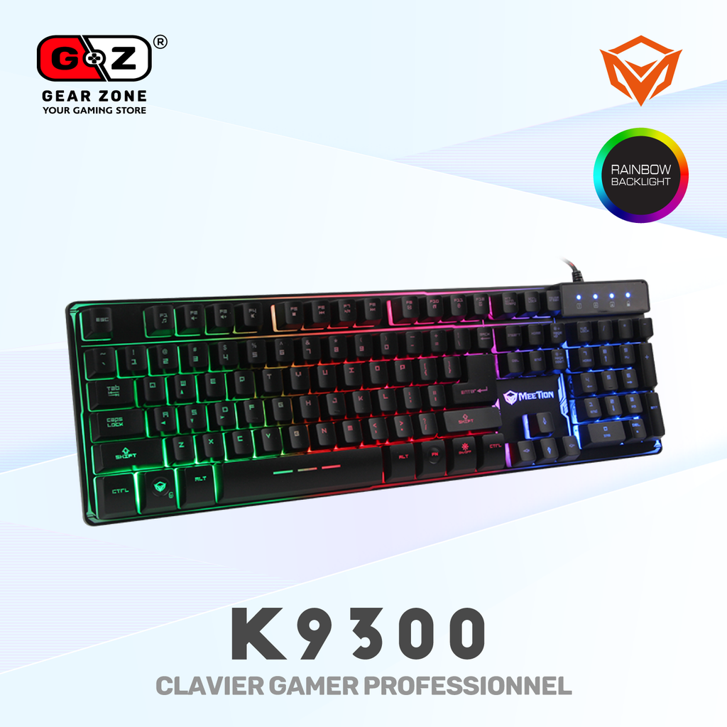 Clavier gamer MeeTion K9300 vu de dessus, disposition QWERTY complète