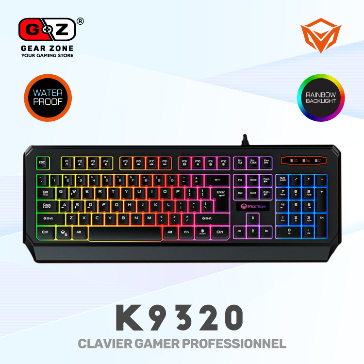 Clavier gamer MeeTion K9320 étanche avec rétroéclairage arc-en-ciel, vue de face Image principale du produit