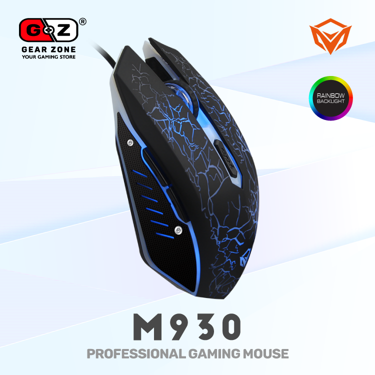 Souris gamer MeeTion M930 éclairée en bleu, vue de dessus inclinée
