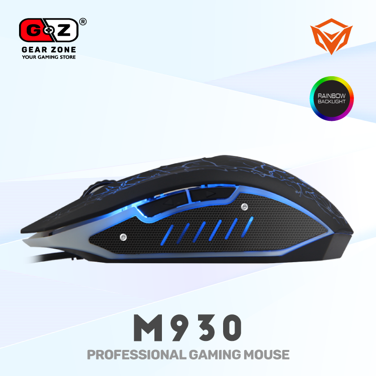 Souris gamer MeeTion M930 de profil, éclairage bleu sur le flanc