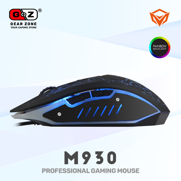 Souris gamer MeeTion M930 de profil, éclairage bleu sur le flanc