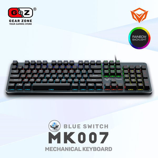 Clavier MeeTion MK007 blue switch vu de face, pleine taille avec pavé numérique