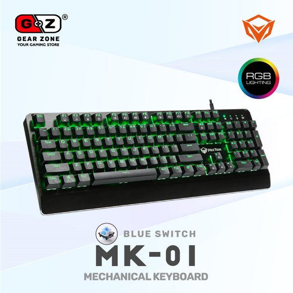 Clavier MeeTion MK01 éclairé en vert, vue de trois quarts