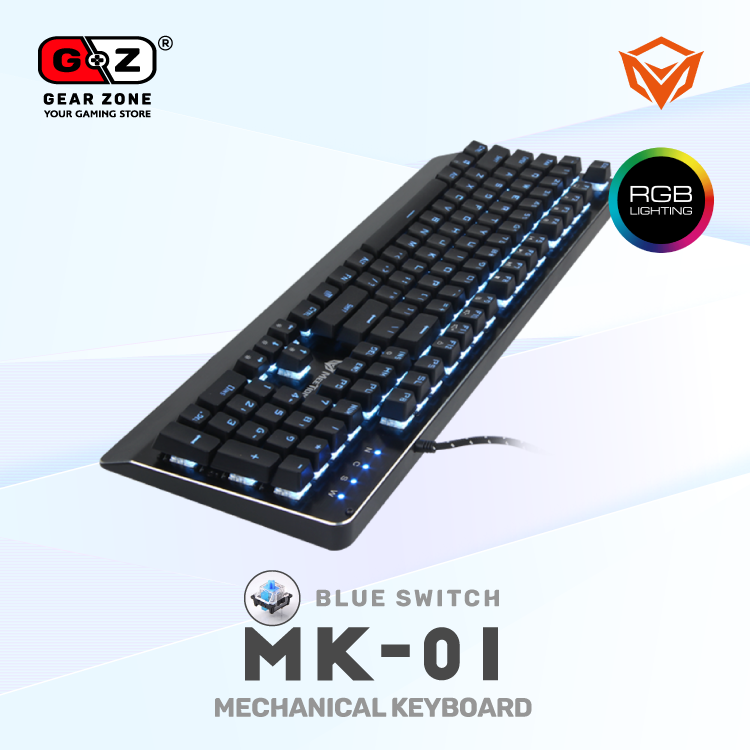 Clavier mécanique MeeTion MK01 en diagonale, switchs bleus éclairés