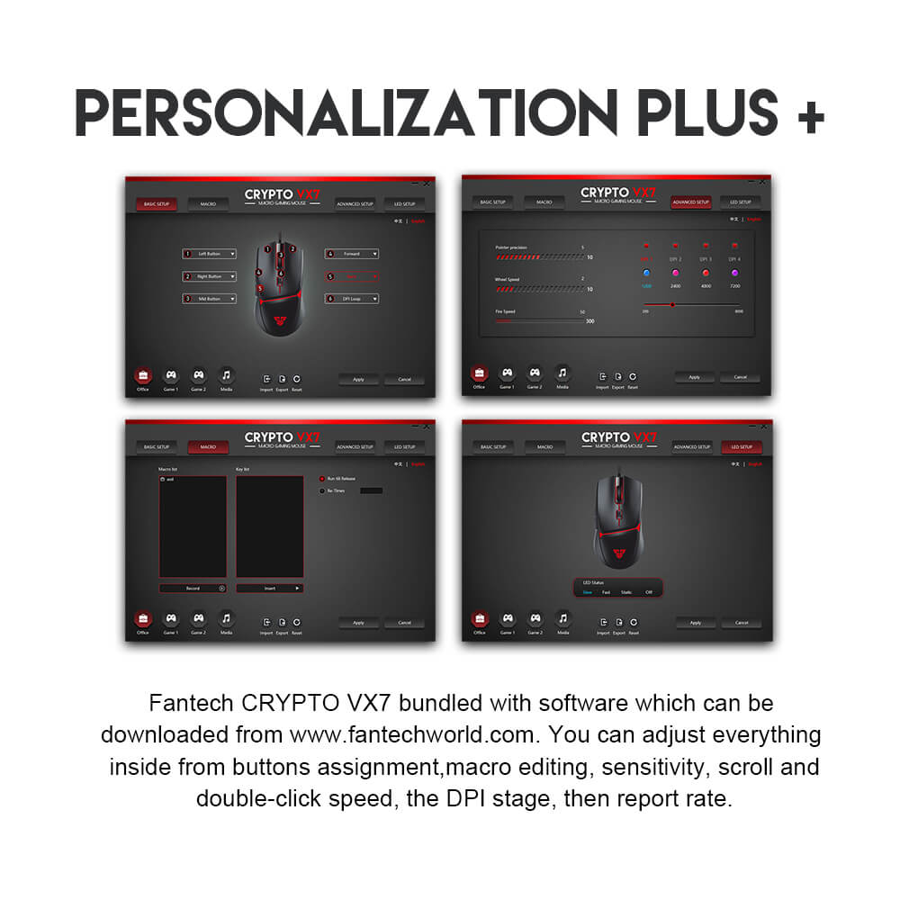 Écrans du logiciel Fantech pour personnaliser la Crypto VX7