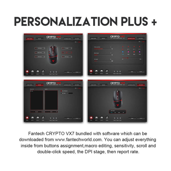 Écrans du logiciel Fantech pour personnaliser la Crypto VX7