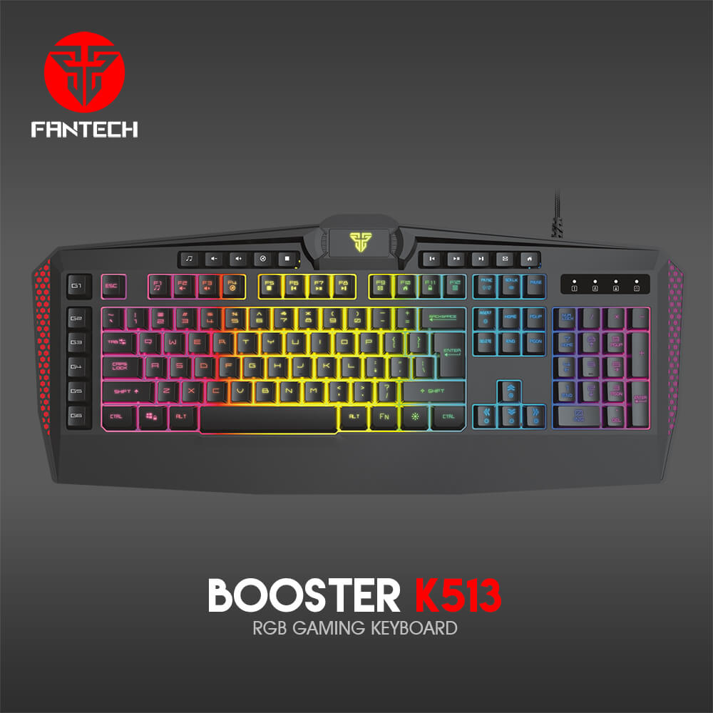 Clavier Fantech K513 Booster vu de face, touches RGB arc-en-ciel